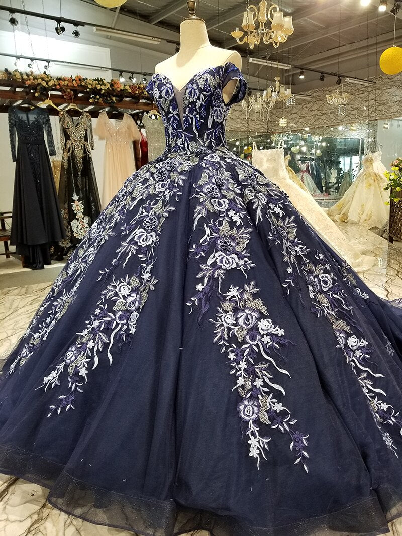 navy blue evening dress off shoulder sweetheart lace up ball gown dress for sexy mothers floor length or with long train - LiveTrendsX