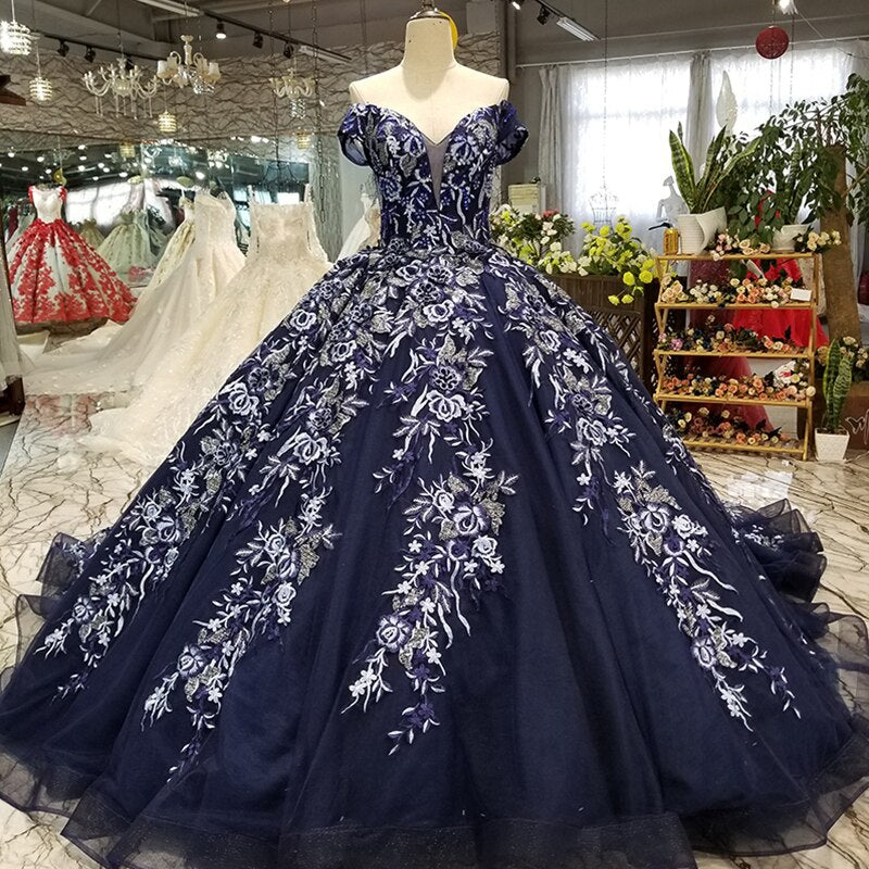 navy blue evening dress off shoulder sweetheart lace up ball gown dress for sexy mothers floor length or with long train - LiveTrendsX