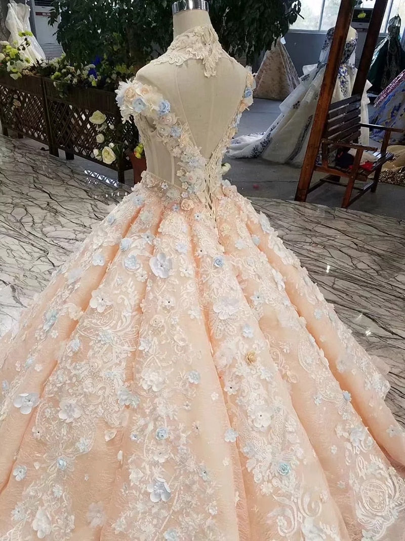 girls ball gown evening dresses floor length color flowers high neck cap sleeve lace up back prom dresses curve shape - LiveTrendsX