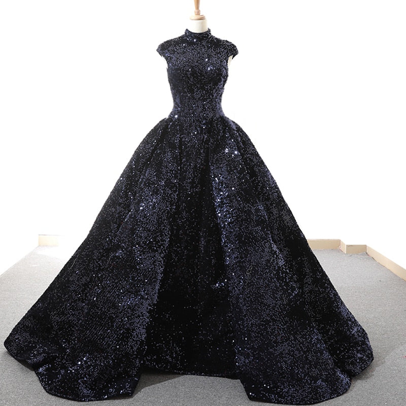 luxury navy blue evening dress ball gown high neck women occasion dress sexy sleeveless ladies party dresses vintage - LiveTrendsX