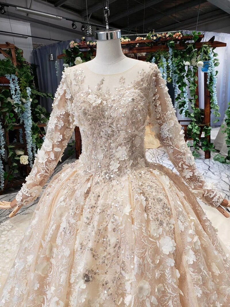 flowers wedding dresses long sleeve o-neck heavy handmade lace wedding gowns 2020 keyhole back - LiveTrendsX