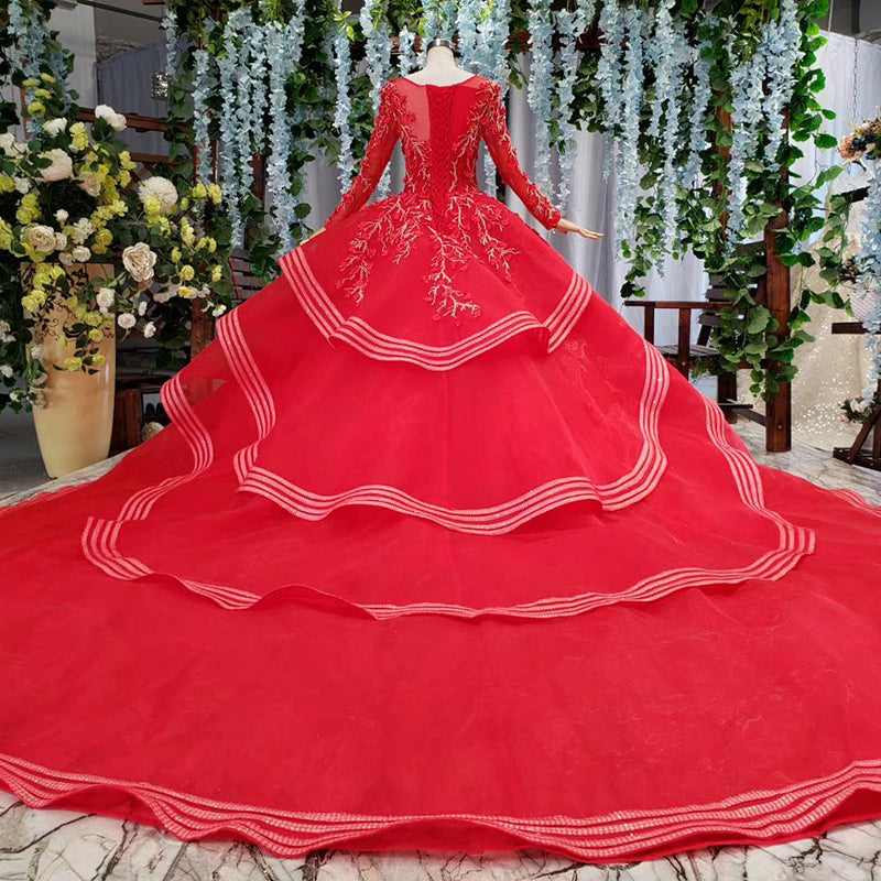 muslim wedding gowns long sleeves beading appliques o-neck red wedding dress with bridal veil ball gown vestido festa - LiveTrendsX