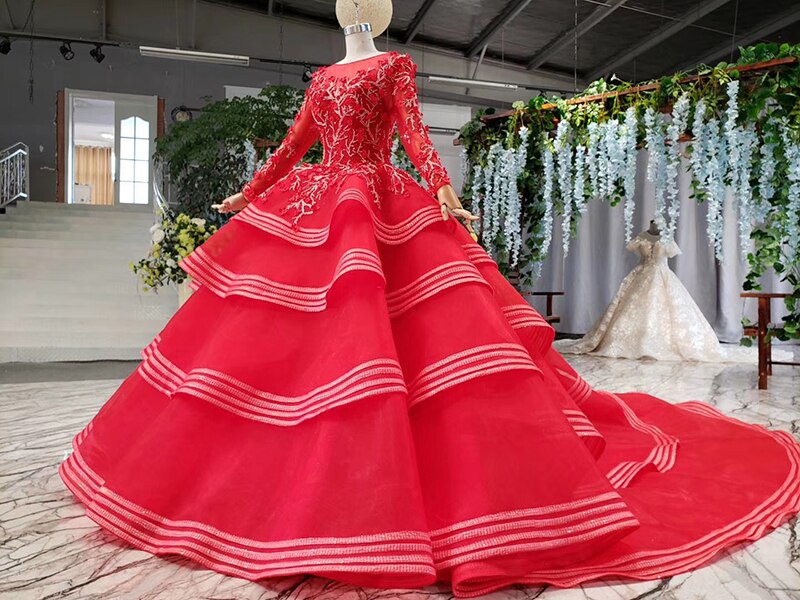 muslim wedding gowns long sleeves beading appliques o-neck red wedding dress with bridal veil ball gown vestido festa - LiveTrendsX