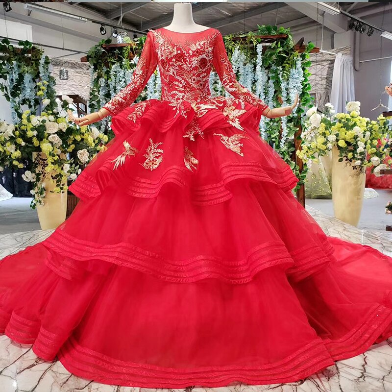 muslim wedding dresses with long sleeves appliques o-neck red wedding gown with tail ball gown lace up back vestido festa - LiveTrendsX