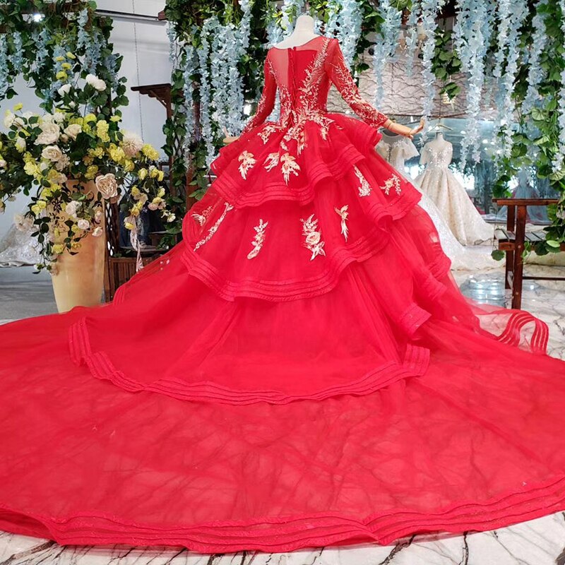 muslim wedding dresses with long sleeves appliques o-neck red wedding gown with tail ball gown lace up back vestido festa - LiveTrendsX
