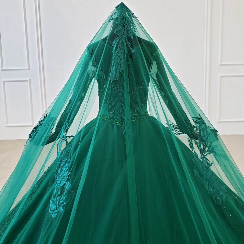 green evening dress long muslim women long sleeve special o-neck formal dress with veil color bridal dress - LiveTrendsX