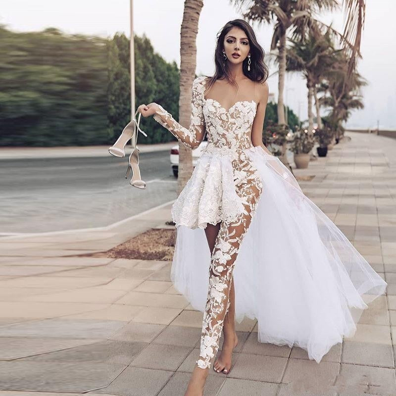 Jumpsuits Boho Wedding Dresses Lace Appliques One Shoulder Lace Overskirts Wedding Dress With Pants See Through - LiveTrendsX