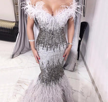 Load image into Gallery viewer, Dubai Design Grey Luxury Sexy Evening Dresses Crystal Feathers Off Shoulder Formal Dress 2020 - LiveTrendsX
