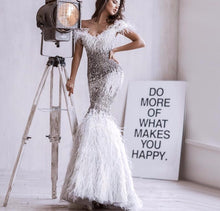 Load image into Gallery viewer, Dubai Design Grey Luxury Sexy Evening Dresses Crystal Feathers Off Shoulder Formal Dress 2020 - LiveTrendsX
