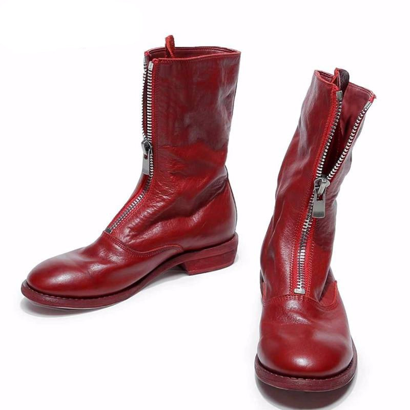 superstar genuine leather high quality low heel western round toe the front zipper winter wear mid-calf boots - LiveTrendsX