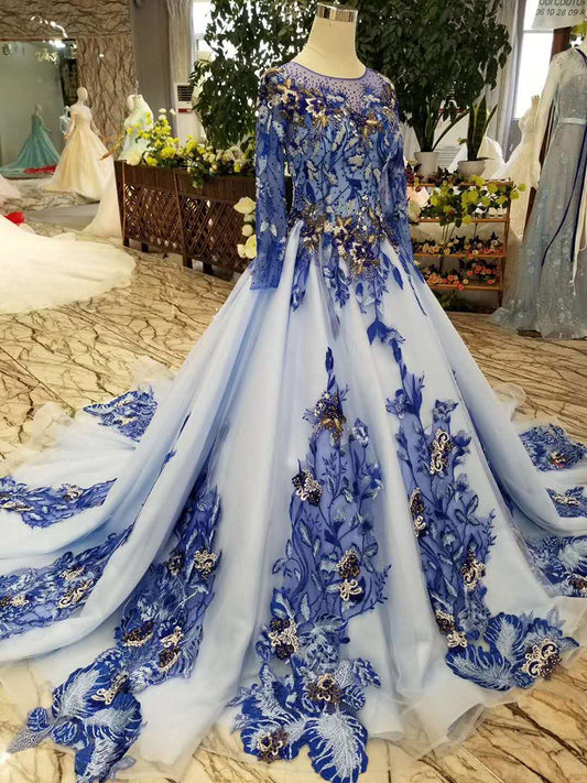 blue mothers of brides dresses O-neck long tulle sleeves a-line color muslim evening dress - LiveTrendsX