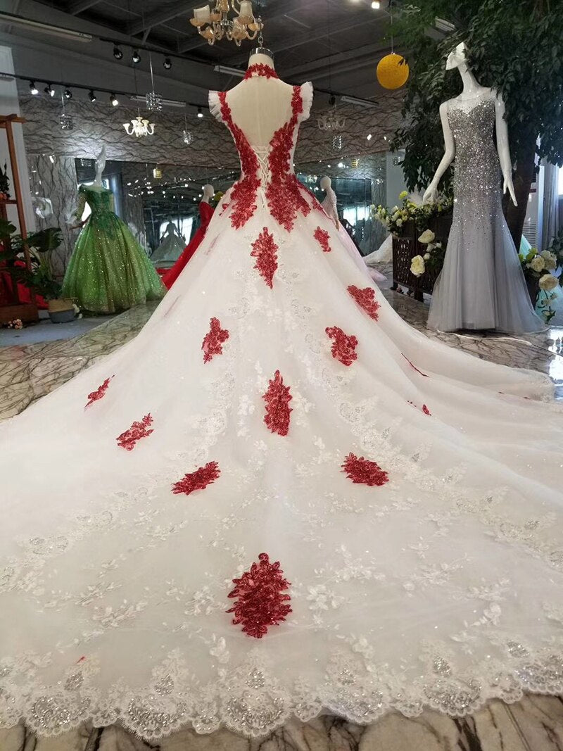 bridal wedding party dresses with red appliques high neck cap sleeves open back evening dresses long ball gown prom dress - LiveTrendsX