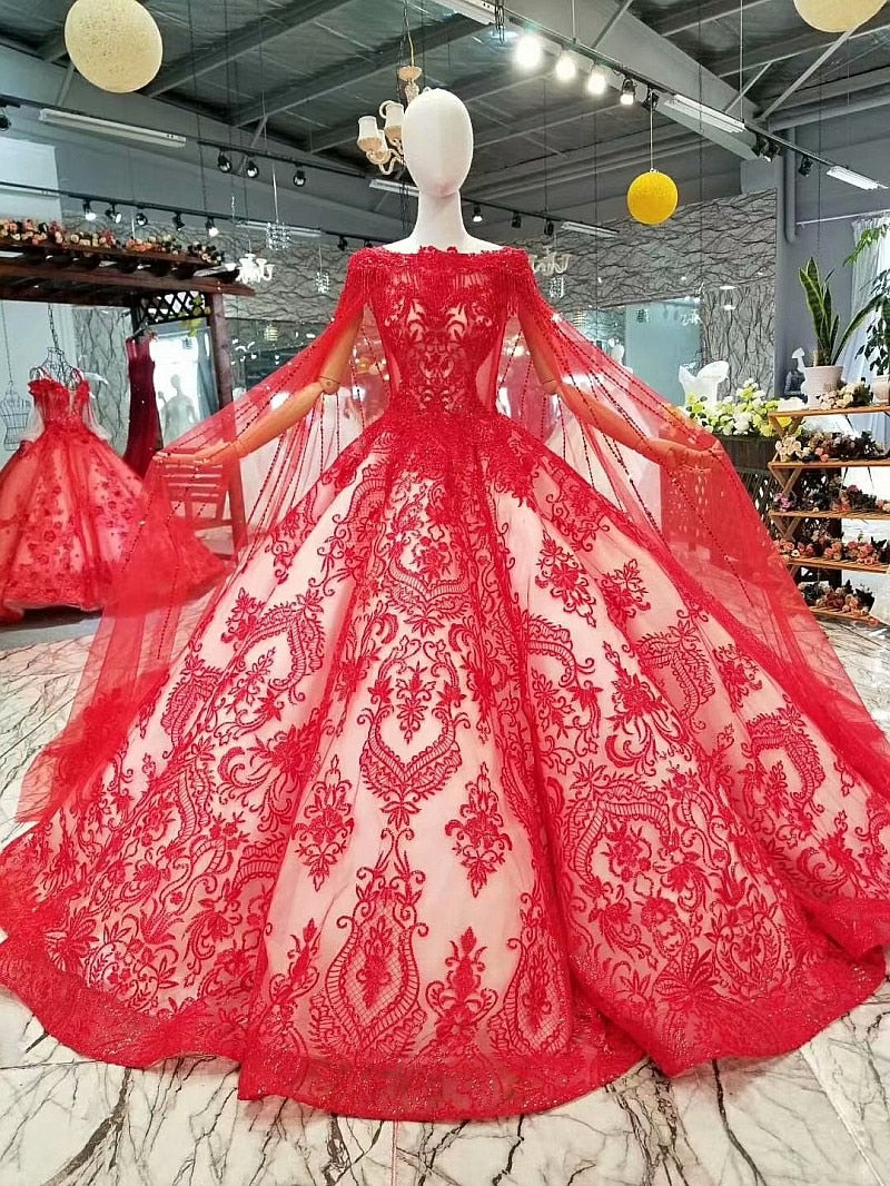 red vintage ball gown bride wedding party dresses cap sleeve boat neck curve shape floor length dresses with long cape - LiveTrendsX