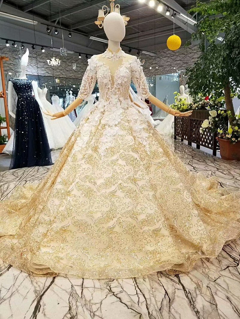 golden women occasion dresses long sleeve high neck 3D flower golden ball gown royal dubai evening dress - LiveTrendsX