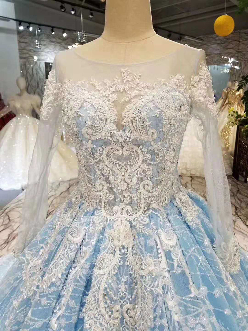 light blue evening dress long o-neck long sleeves lace up on two side wedding guests dress with train girls pageant dress - LiveTrendsX