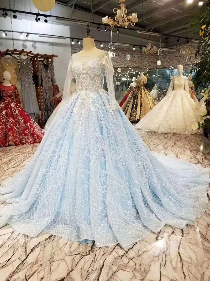 light blue evening dress long o-neck long sleeves lace up on two side wedding guests dress with train girls pageant dress - LiveTrendsX