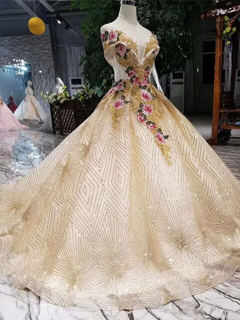 color flowers party dresses with shiny lace train off the shoulder sweetheart evening dresses long ball gown prom dress - LiveTrendsX