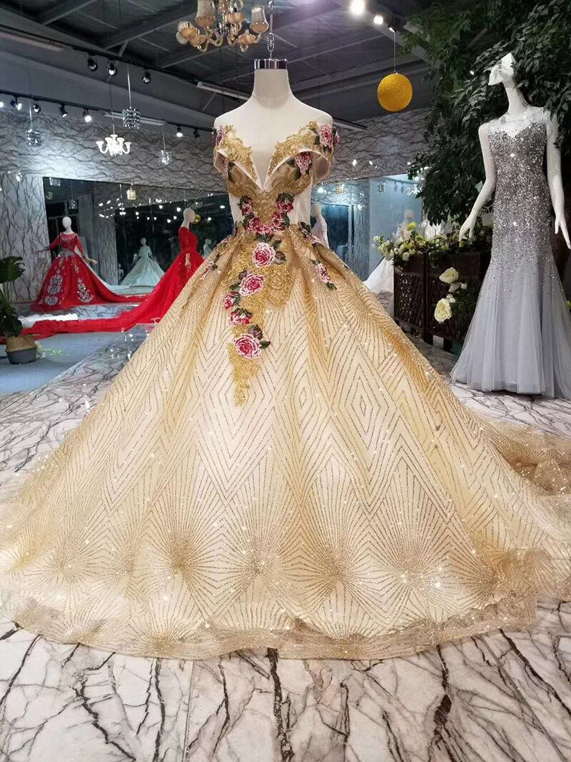 color flowers party dresses with shiny lace train off the shoulder sweetheart evening dresses long ball gown prom dress - LiveTrendsX