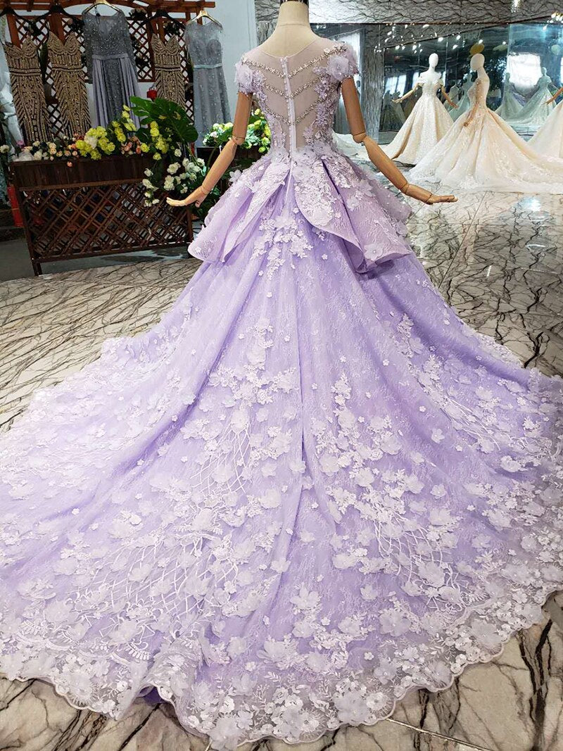 purple evening dress long with train custom size o neck zipper back pink flowers grey wedding party guests dresses 2020 - LiveTrendsX