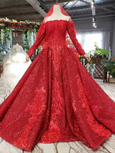 Load image into Gallery viewer, red aline wedding party dresses with train boat neck long sleeve shiny bridal evening dress gown with veil robe de soiree - LiveTrendsX
