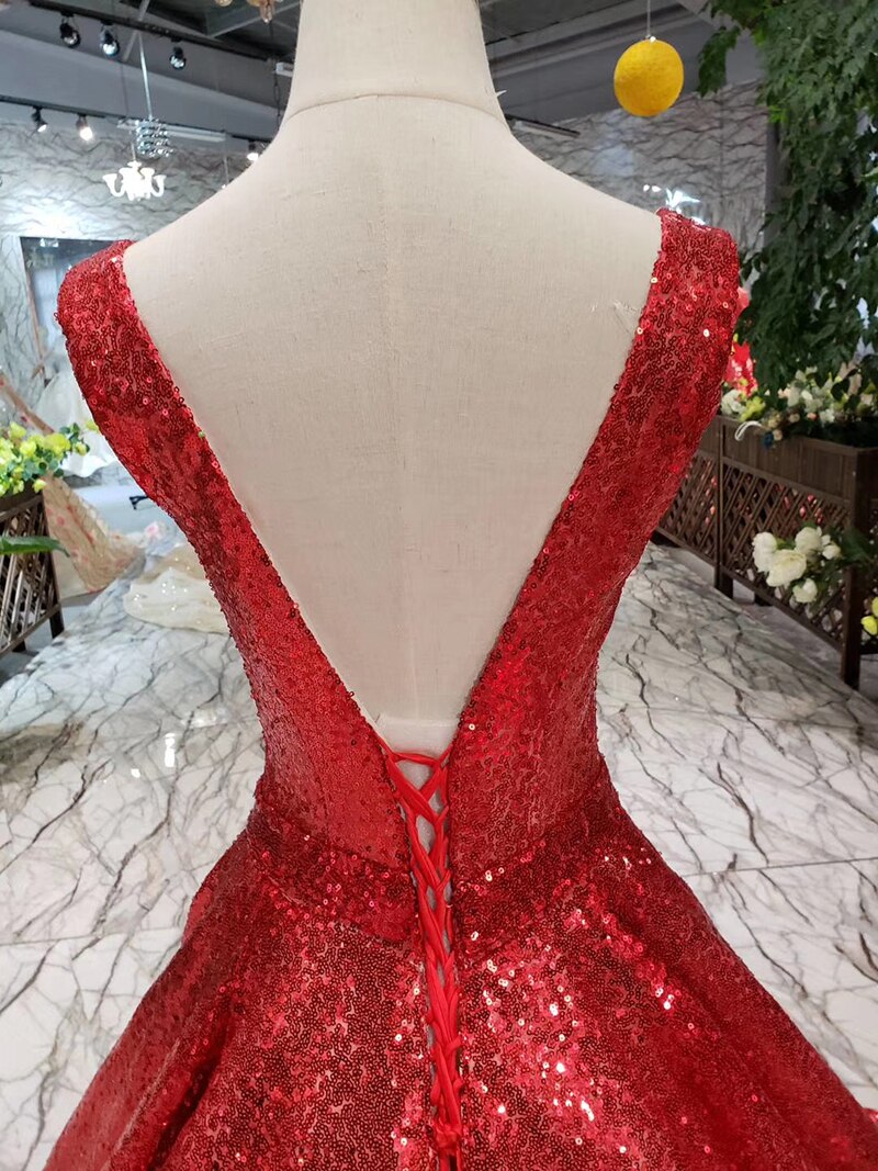 red reflective dress A-line shiny evening dresses sexy v-neck v-back sleeves wedding party dresses sparkly robe de soiree - LiveTrendsX