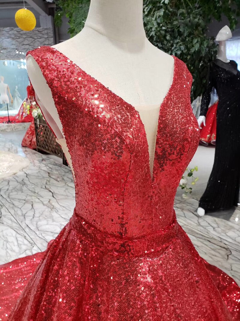 red reflective dress A-line shiny evening dresses sexy v-neck v-back sleeves wedding party dresses sparkly robe de soiree - LiveTrendsX