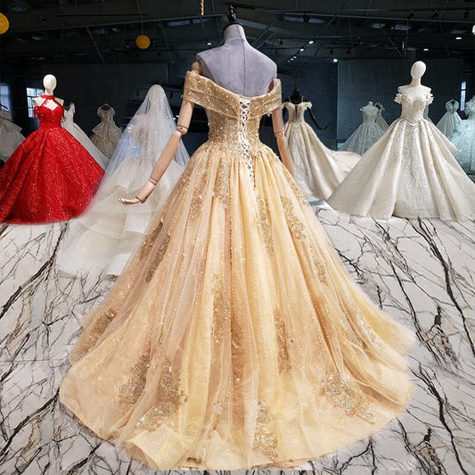 A-line evening dress long golden off shoulder sweetheart lace up floor length bead evening gowns for women abendkleider - LiveTrendsX