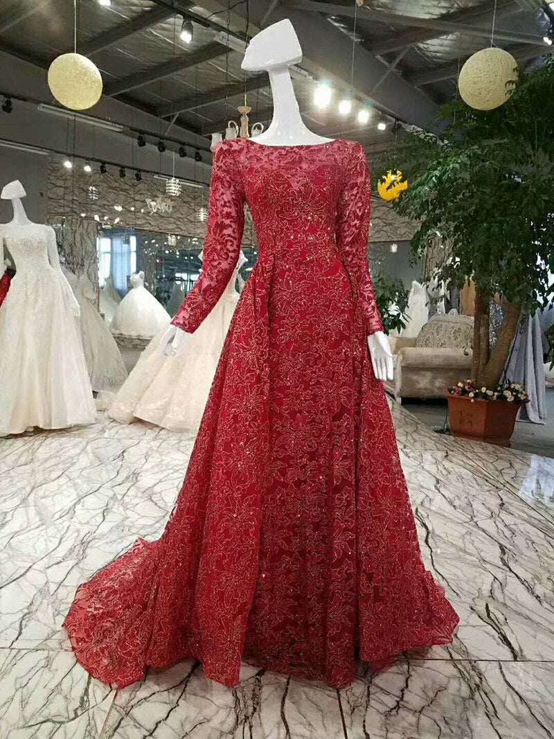 Shiny red evening dress long sleeve zipper back A line formal dress vestido longo de festa - LiveTrendsX