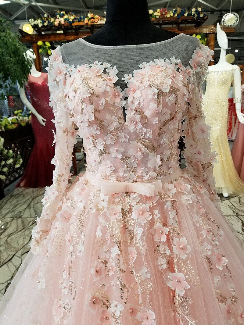 long sleeves pink evening dress A-line illusion lace up keyhole back simple formal party dress with flowers and beadings - LiveTrendsX