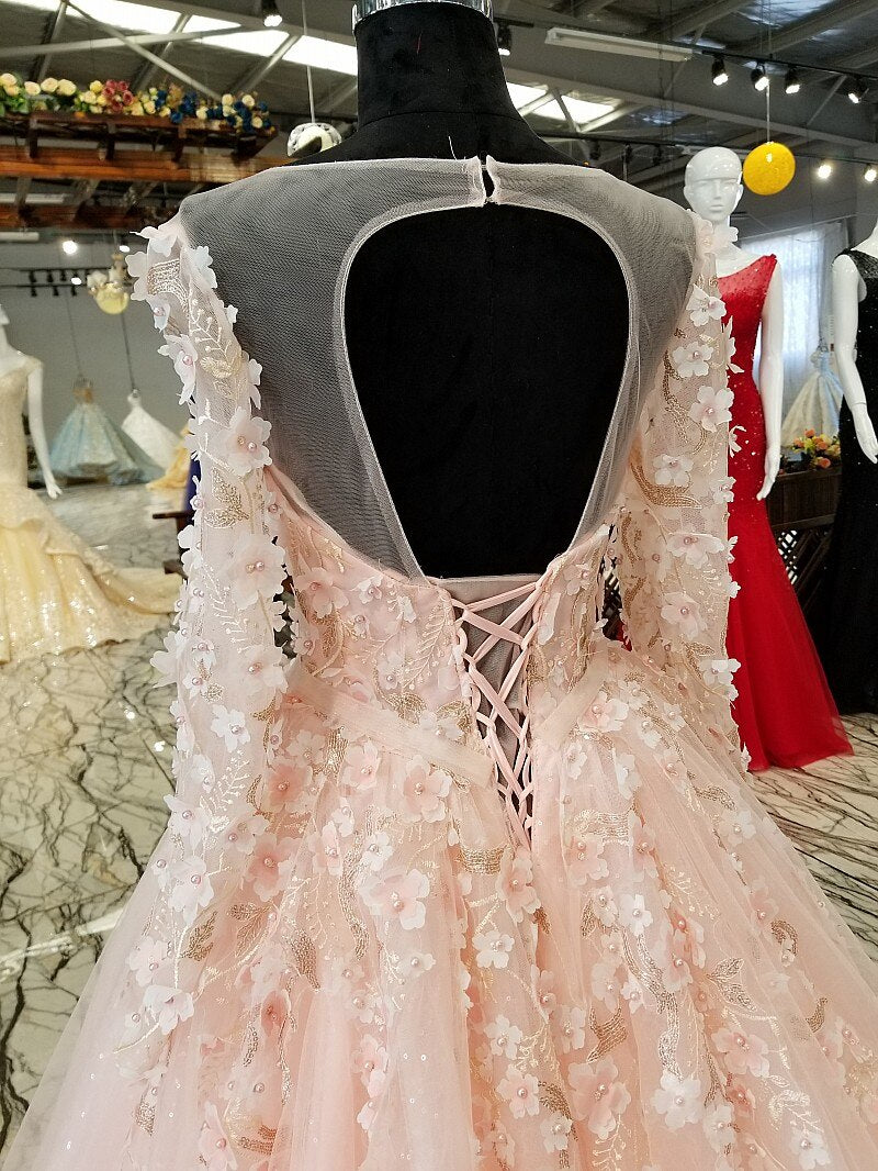 long sleeves pink evening dress A-line illusion lace up keyhole back simple formal party dress with flowers and beadings - LiveTrendsX