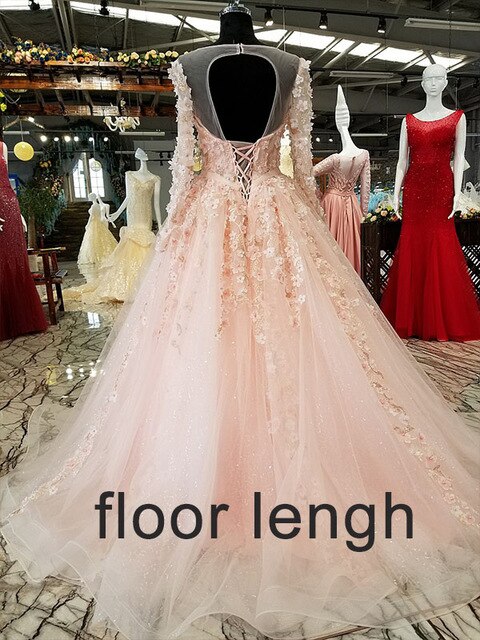 long sleeves pink evening dress A-line illusion lace up keyhole back simple formal party dress with flowers and beadings - LiveTrendsX