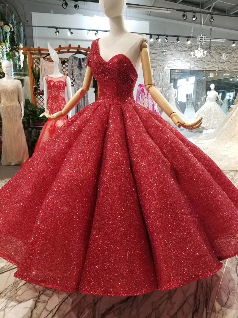 ankle-length wedding party dresses sexy one-shoulder princess girl ball gown red evening prom dresses 2020 - LiveTrendsX