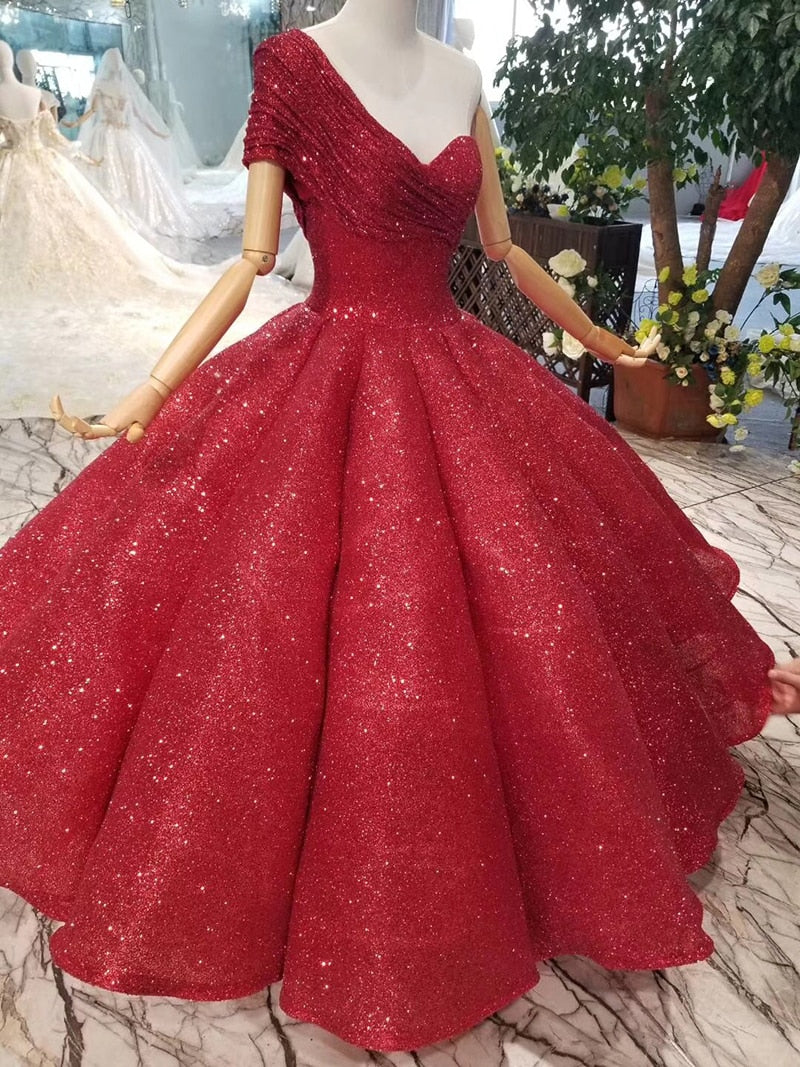 ankle-length wedding party dresses sexy one-shoulder princess girl ball gown red evening prom dresses 2020 - LiveTrendsX
