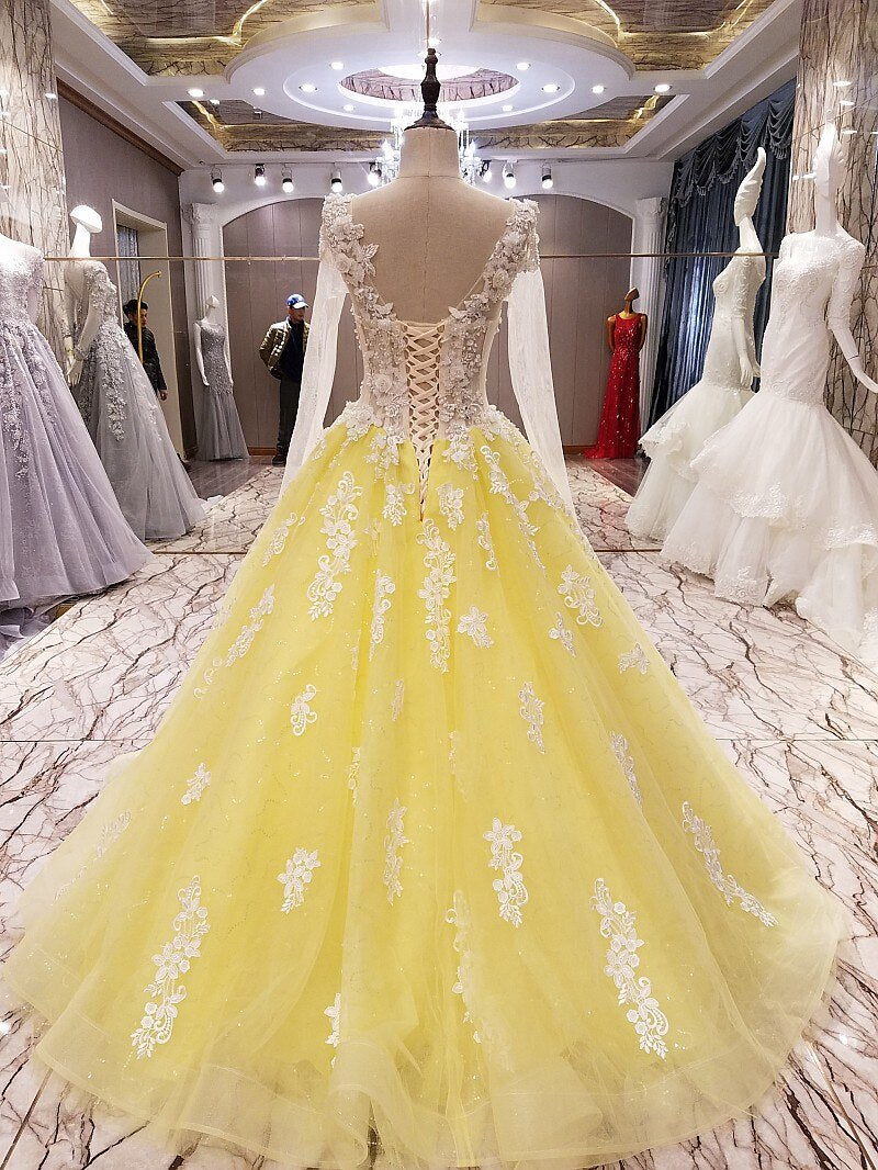 yellow evening gown corset back beaded tulle long sleeves evening dress long on sale abendkleider lang real photos - LiveTrendsX