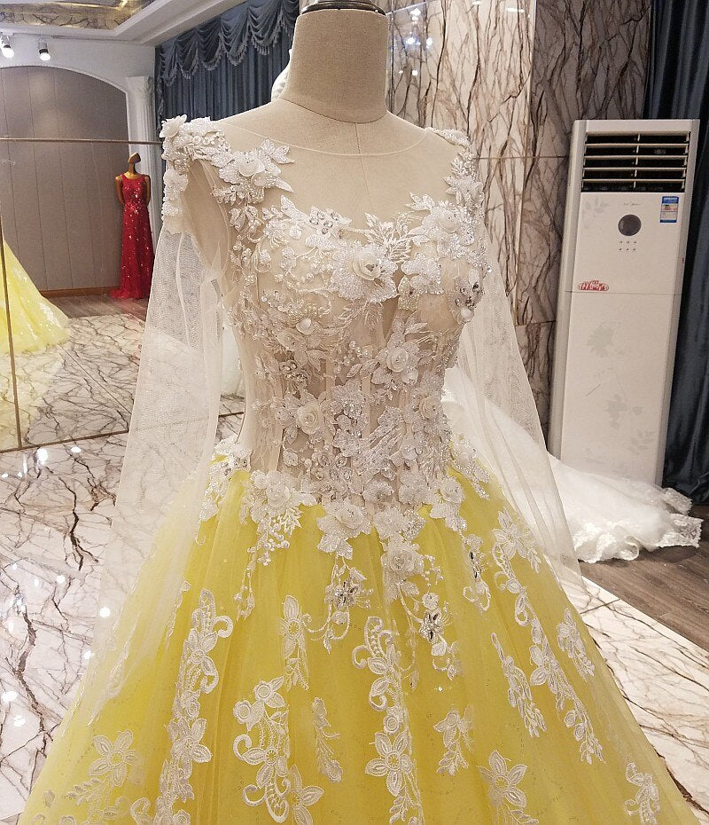 yellow evening gown corset back beaded tulle long sleeves evening dress long on sale abendkleider lang real photos - LiveTrendsX