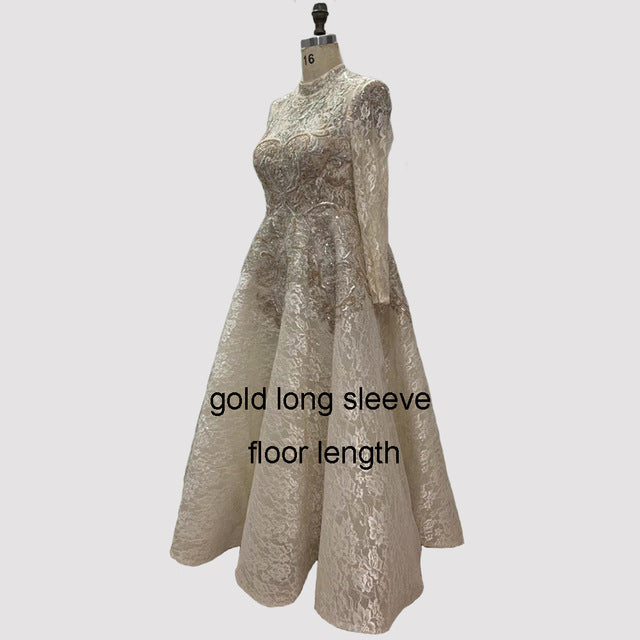 Gold High Neck Luxury Asymmetrical Evening Dresses 2020 Cap Sleeve Lace Beading Evening Gowns - LiveTrendsX