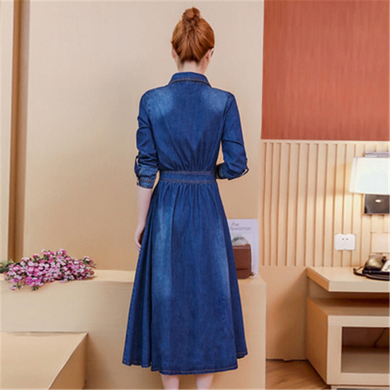 Spring and autumn style new Korean version of the lapel a-shaped mid-length long-sleeved fashion denim dress women - LiveTrendsX
