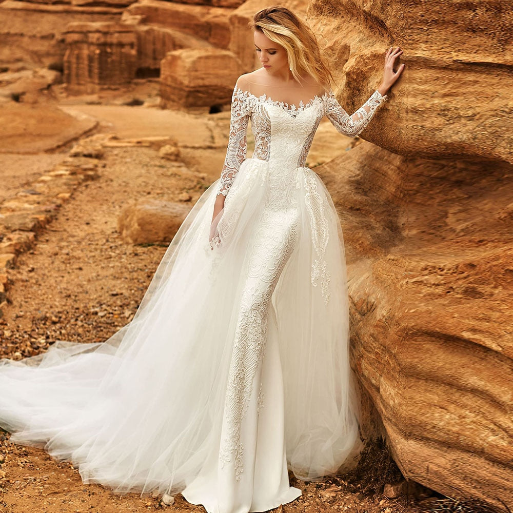 Long Sleeve Lace Mermaid Wedding Dresses With Removable Tail Vestido De Novia Sirena Wedding Gowns - LiveTrendsX