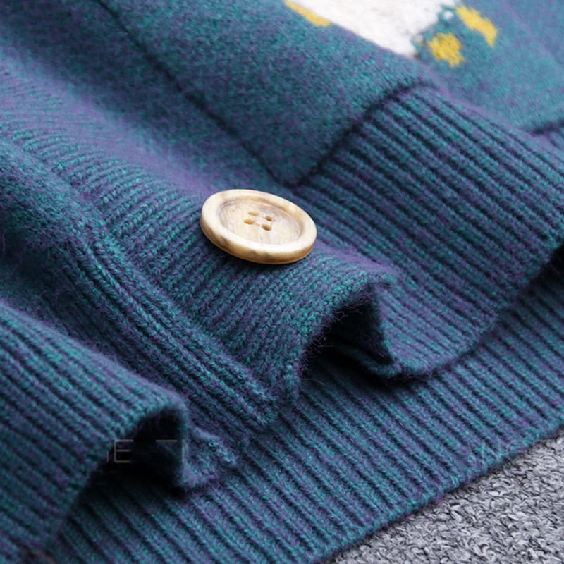 2020 Autumn New Knit Female Cardigan Loose Streetwear Knit Sweater Coat Cute Cartoon Print V Neck knitted cardigan Women Jacket - LiveTrendsX