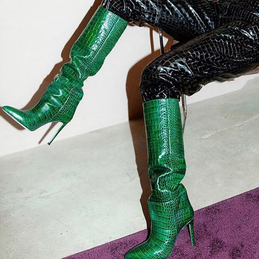 Green Python Pattern Women Knee High Boots Slip On Clear Designer High Heel Stiletto Boots Sexy Pointed Toe Winter Leather Shoes - LiveTrendsX