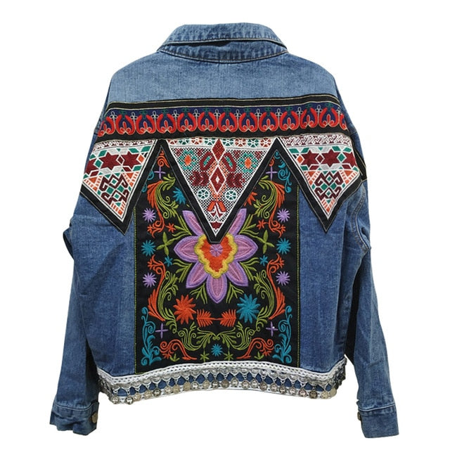 Boho Denim Jacket For Women Autumn Floral Appliques Embroidery Vintage Coat Long Sleeve Outerwear Female Jacket Coatee - LiveTrendsX