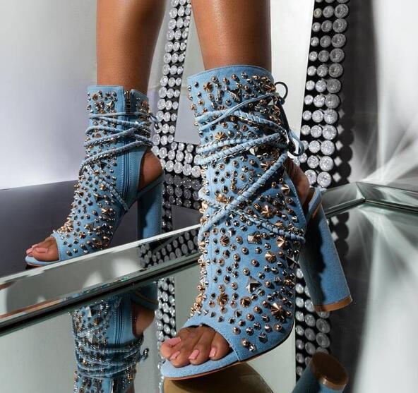 Summer Light Blue Jeans Rivets Slingback Short Boots Woman Chunky Heels Peep Toe Spikes Lace Up Booties Ankle Boots - LiveTrendsX