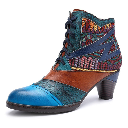 Handmade cow leather stitching jacquard fashion women's boots - LiveTrendsX