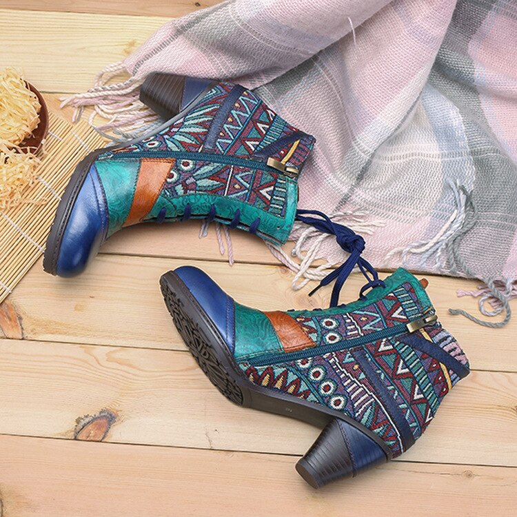 Handmade cow leather stitching jacquard fashion women's boots - LiveTrendsX