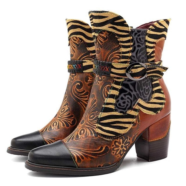 Retro Printed Cowgirl Ankle Boots Women Spring Patchwork Horsehair Genuine Leather Women Boots Shoes Woman Zipper Booties - LiveTrendsX
