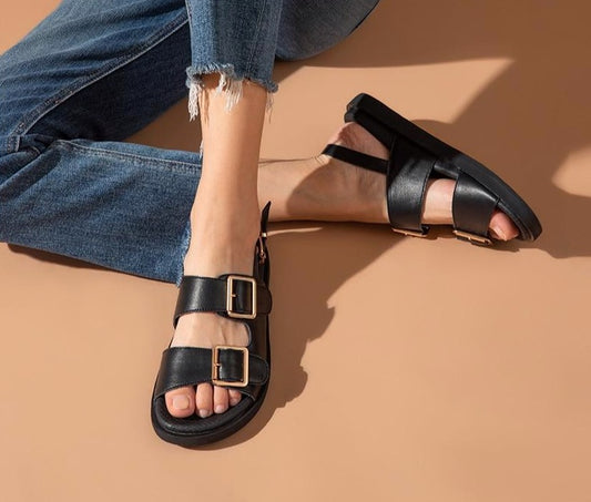 Women Genuine Cow Leather Metal Detailed Ankle Buckle Strap Summer Beach Ladies Low Heel Shoes Handmade - LiveTrendsX