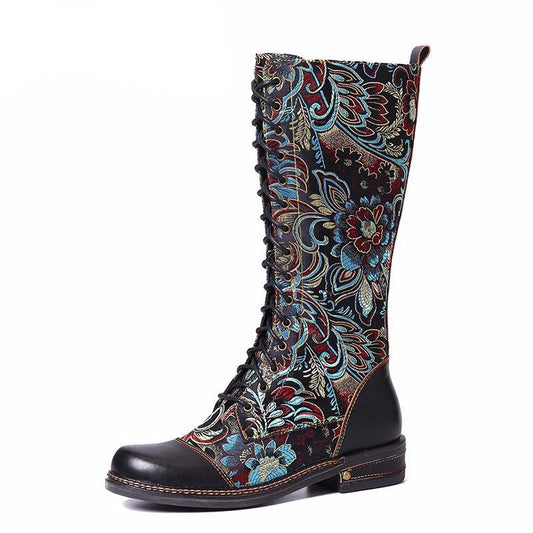 Flowers Pattern Colorful Stitching Elegant Zipper Lace Up Flat Mid Calf Boots Elegant Shoes Women Shoes Botas  Mujer - LiveTrendsX