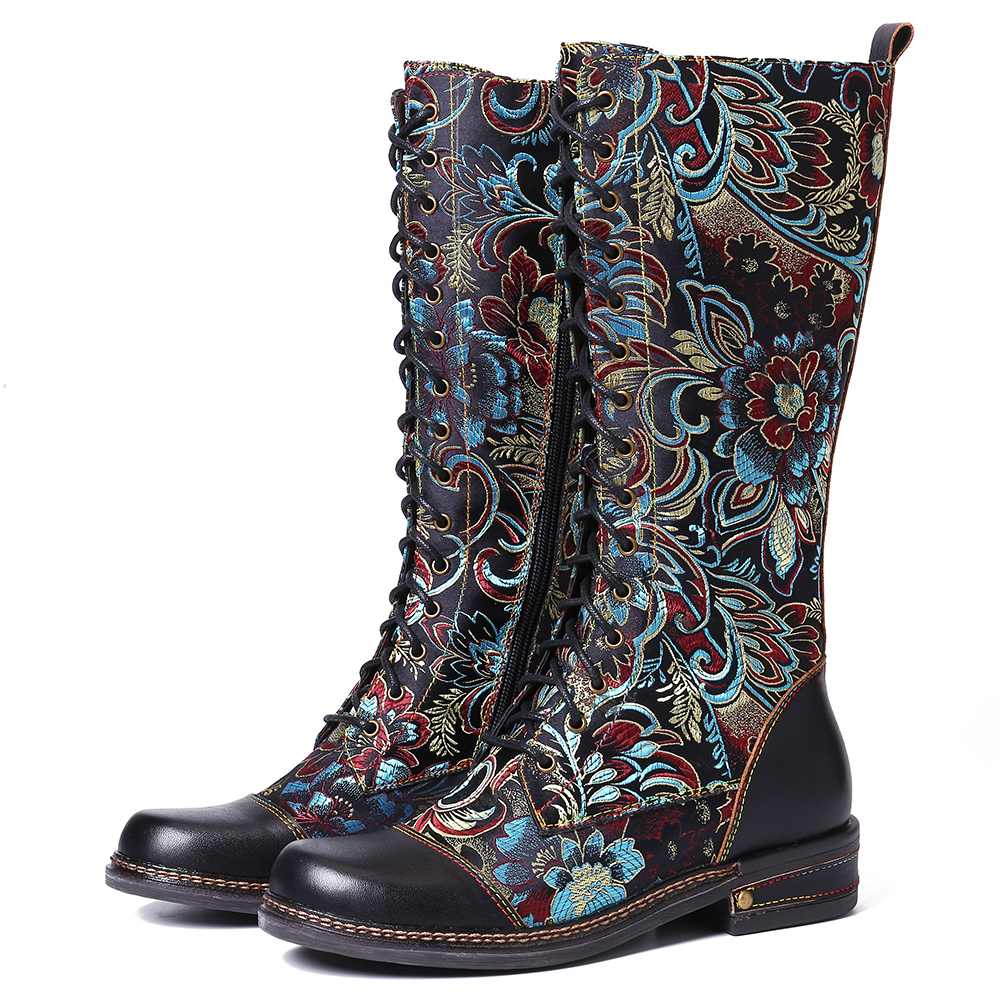Flowers Pattern Colorful Stitching Elegant Zipper Lace Up Flat Mid Calf Boots Elegant Shoes Women Shoes Botas  Mujer - LiveTrendsX