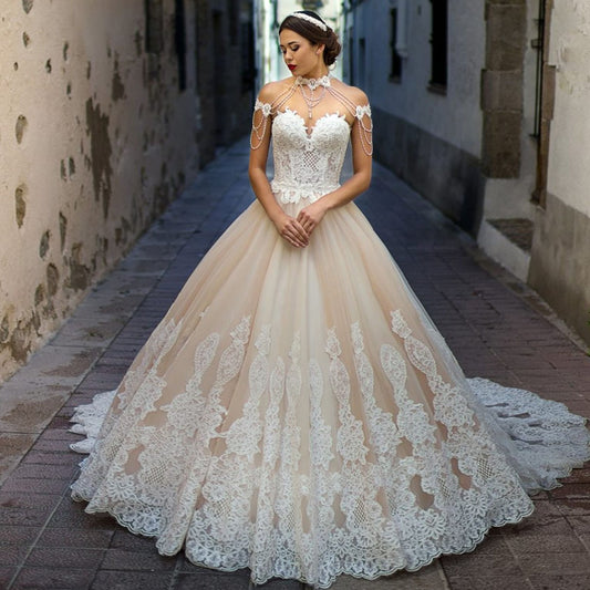 Appliques Lace Princess Ball Gown Wedding Dresses With Removable Pearls Neck Shoulder Decorated - LiveTrendsX