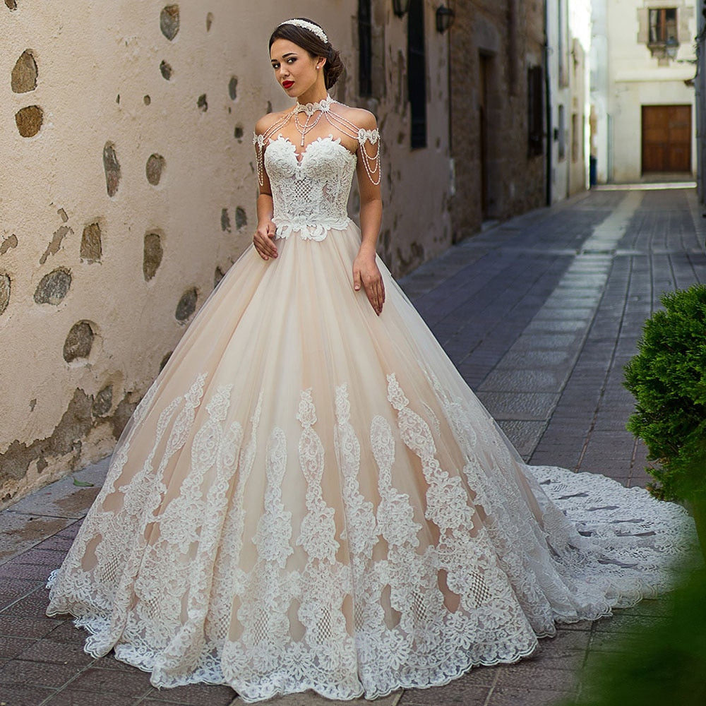 Appliques Lace Princess Ball Gown Wedding Dresses With Removable Pearls Neck Shoulder Decorated - LiveTrendsX